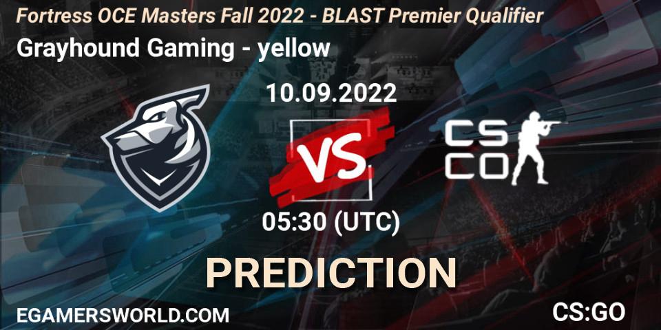 Grayhound Gaming vs yellow: Match Prediction. 10.09.2022 at 06:05, Counter-Strike (CS2), Fortress OCE Masters Fall 2022 - BLAST Premier Qualifier