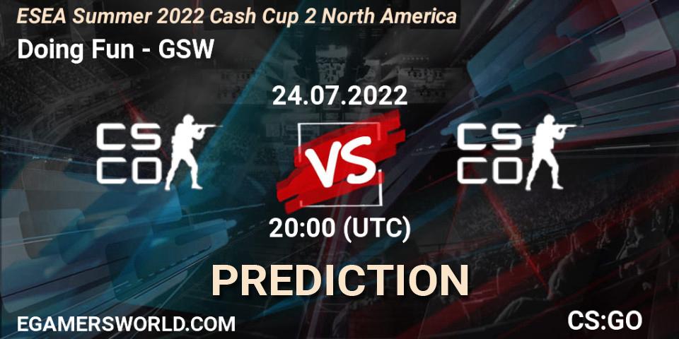 Doing Fun vs GSW: Match Prediction. 24.07.2022 at 20:00, Counter-Strike (CS2), ESEA Summer 2022 Cash Cup 2 North America
