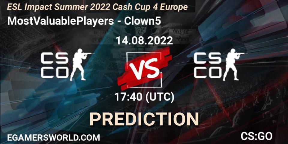 MostValuablePlayers vs Clown5: Match Prediction. 14.08.2022 at 17:40, Counter-Strike (CS2), ESL Impact Summer 2022 Cash Cup 4 Europe
