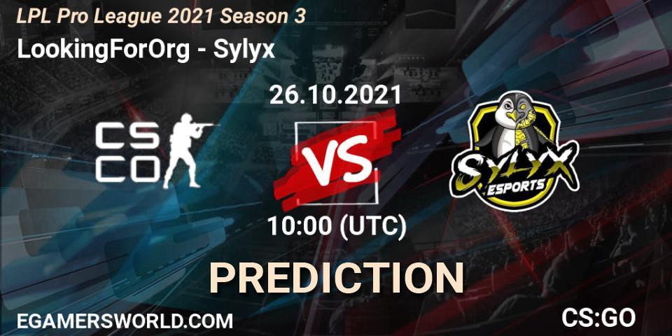 LookingForOrg vs Sylyx: Match Prediction. 26.10.2021 at 10:10, Counter-Strike (CS2), LPL Pro League 2021 Season 3