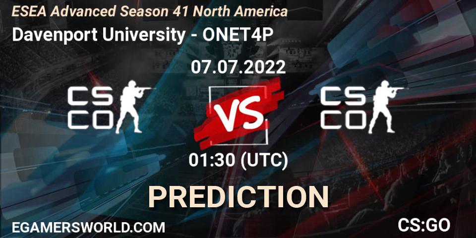 Davenport University vs ONET4P: Match Prediction. 07.07.2022 at 01:00, Counter-Strike (CS2), ESEA Advanced Season 41 North America