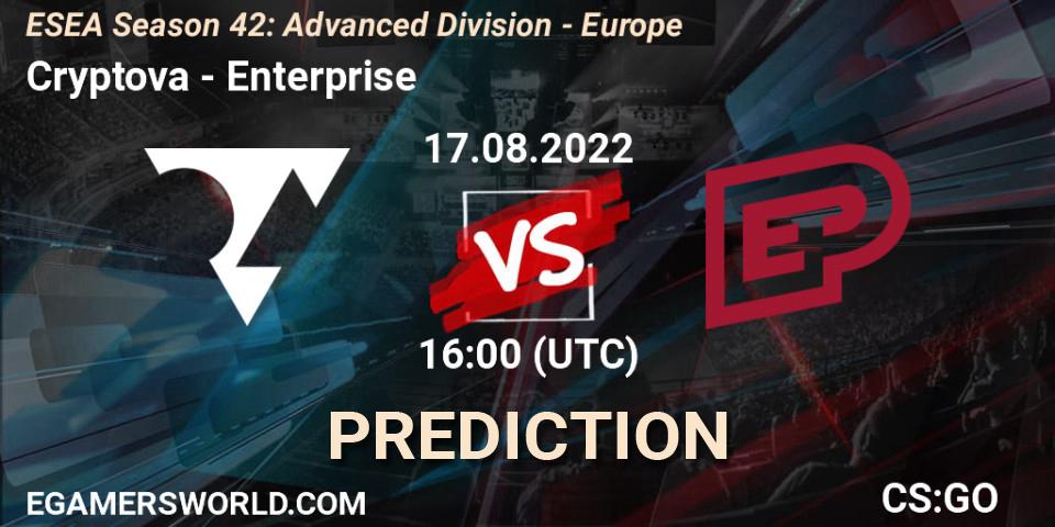 Cryptova vs Enterprise: Match Prediction. 17.08.2022 at 16:00, Counter-Strike (CS2), ESEA Season 42: Advanced Division - Europe