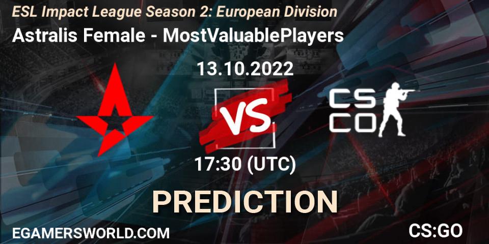 Astralis Female vs MostValuablePlayers: Match Prediction. 13.10.2022 at 17:30, Counter-Strike (CS2), ESL Impact League Season 2: European Division