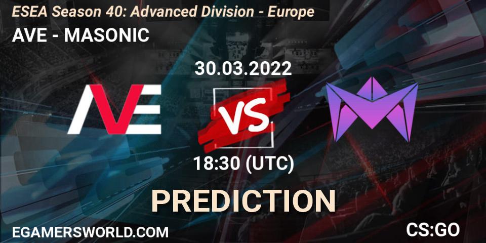AVE vs MASONIC: Match Prediction. 30.03.2022 at 17:00, Counter-Strike (CS2), ESEA Season 40: Advanced Division - Europe