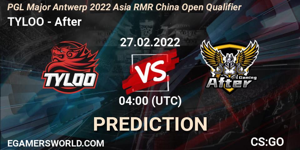 TYLOO vs After: Match Prediction. 27.02.2022 at 04:10, Counter-Strike (CS2), PGL Major Antwerp 2022 Asia RMR China Open Qualifier