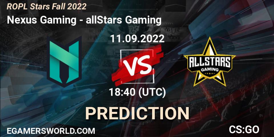 Nexus Gaming vs allStars Gaming: Match Prediction. 11.09.2022 at 18:40, Counter-Strike (CS2), ROPL Stars Fall 2022