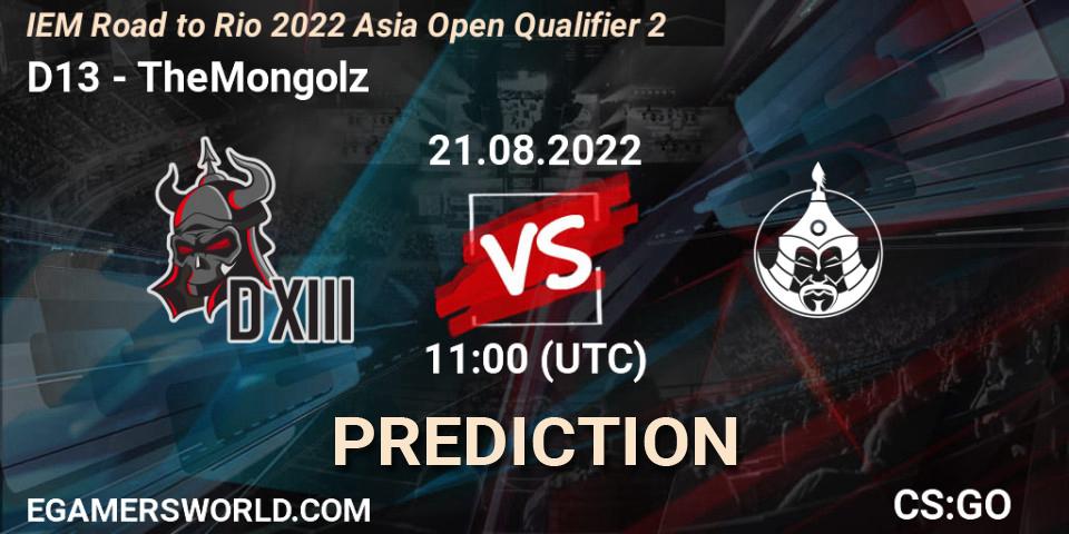 D13 vs TheMongolz: Match Prediction. 21.08.2022 at 11:00, Counter-Strike (CS2), IEM Road to Rio 2022 Asia Open Qualifier 2