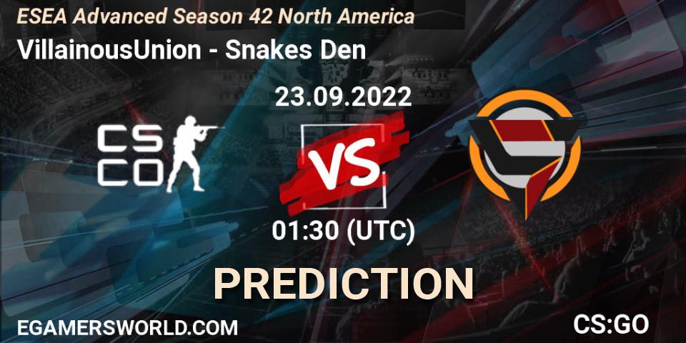 VillainousUnion vs Snakes Den: Match Prediction. 23.09.2022 at 01:10, Counter-Strike (CS2), ESEA Advanced Season 42 North America