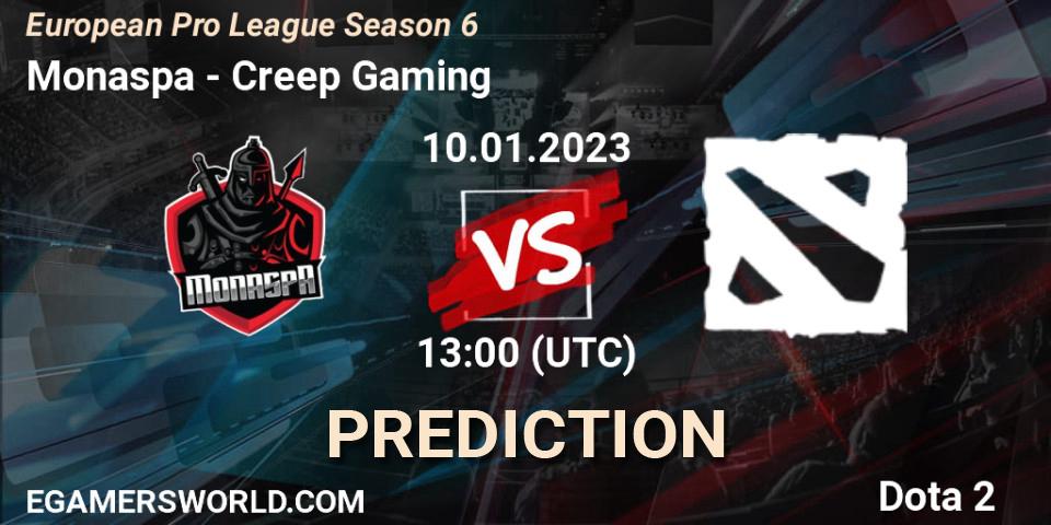 Monaspa vs Creep Gaming: Match Prediction. 10.01.2023 at 13:04, Dota 2, European Pro League Season 6