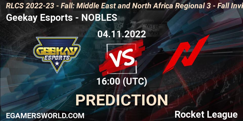 Geekay Esports vs NOBLES: Match Prediction. 04.11.2022 at 16:00, Rocket League, RLCS 2022-23 - Fall: Middle East and North Africa Regional 3 - Fall Invitational