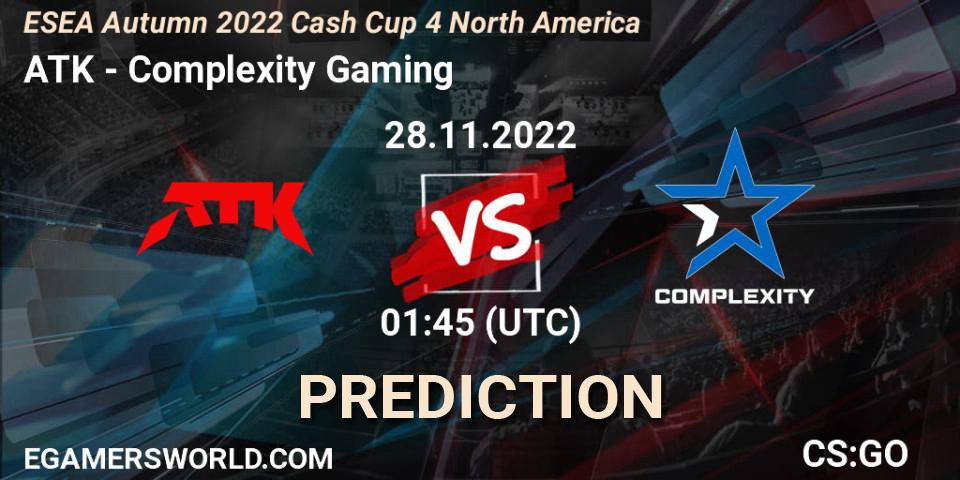 ATK vs Complexity Gaming: Match Prediction. 28.11.2022 at 01:50, Counter-Strike (CS2), ESEA Cash Cup: North America - Autumn 2022 #4