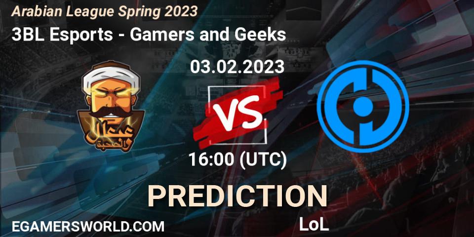 3BL Esports vs Gamers and Geeks: Match Prediction. 03.02.2023 at 18:00, LoL, Arabian League Spring 2023