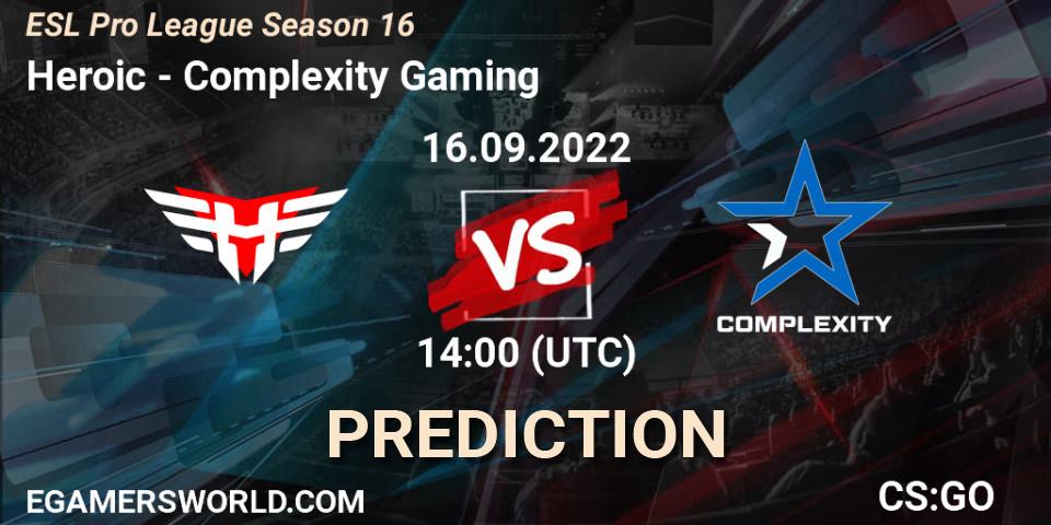 Heroic vs Complexity Gaming: Match Prediction. 16.09.2022 at 14:45, Counter-Strike (CS2), ESL Pro League Season 16