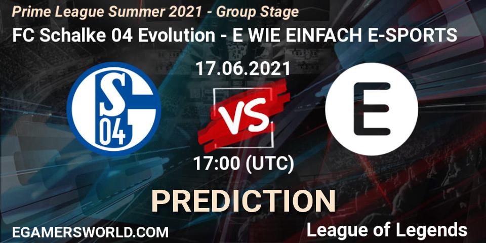 FC Schalke 04 Evolution vs E WIE EINFACH E-SPORTS: Match Prediction. 17.06.2021 at 17:00, LoL, Prime League Summer 2021 - Group Stage