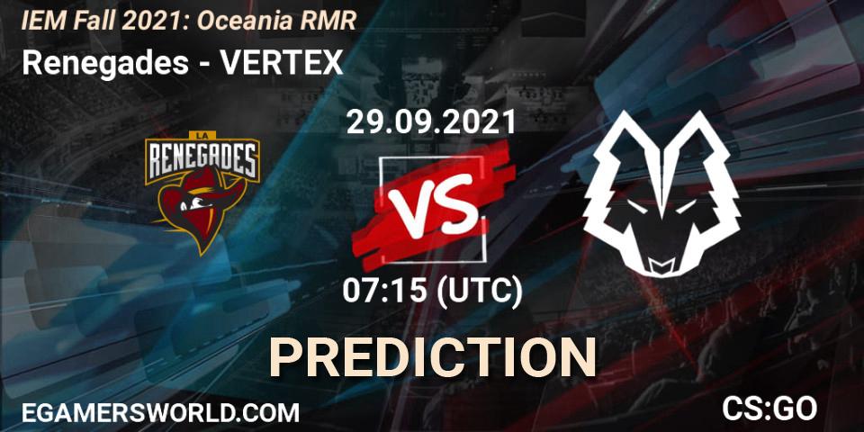 Renegades vs VERTEX: Match Prediction. 29.09.2021 at 07:15, Counter-Strike (CS2), IEM Fall 2021: Oceania RMR