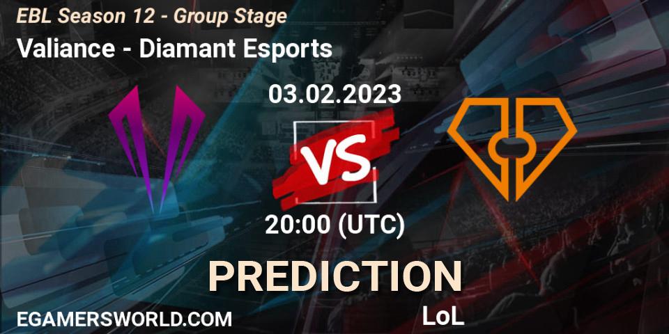 Valiance vs Diamant Esports: Match Prediction. 03.02.23, LoL, EBL Season 12 - Group Stage