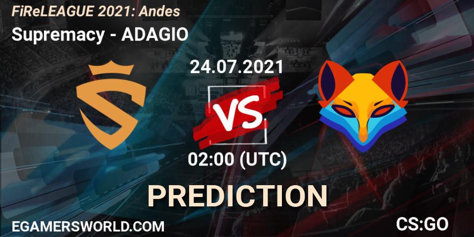Supremacy vs ADAGIO: Match Prediction. 24.07.2021 at 01:00, Counter-Strike (CS2), FiReLEAGUE 2021: Andes