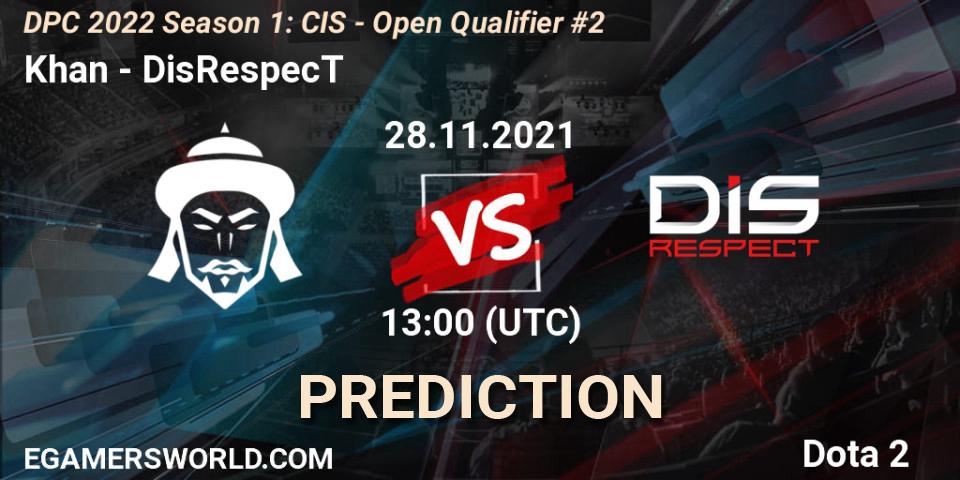 Khan vs DisRespecT: Match Prediction. 28.11.2021 at 13:00, Dota 2, DPC 2022 Season 1: CIS - Open Qualifier #2