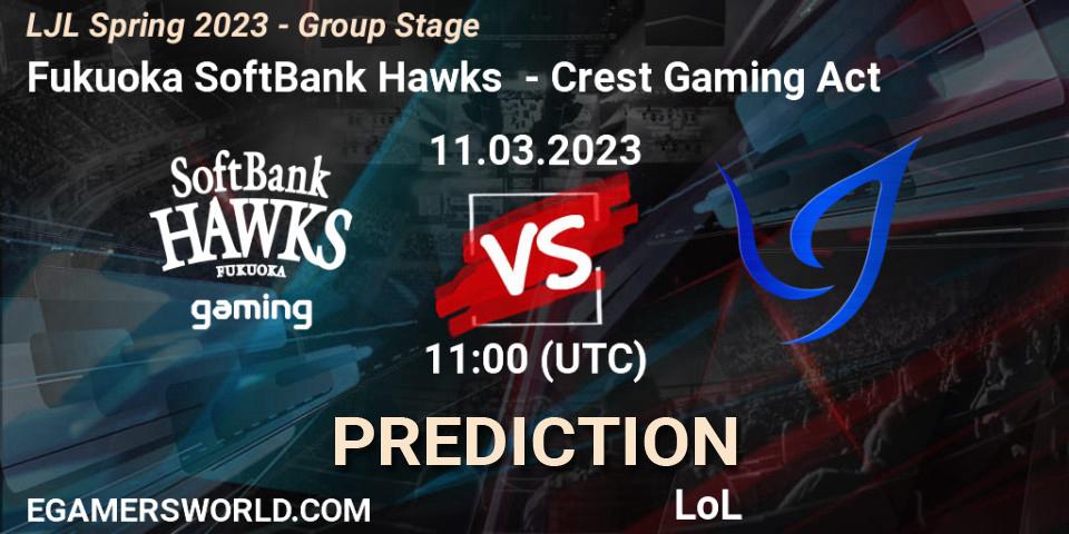 Fukuoka SoftBank Hawks vs Crest Gaming Act: Match Prediction. 11.03.2023 at 11:15, LoL, LJL Spring 2023 - Group Stage