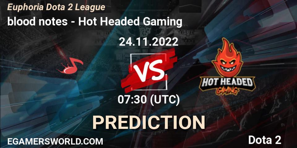 blood notes vs Hot Headed Gaming: Match Prediction. 24.11.2022 at 07:30, Dota 2, Euphoria Dota 2 League