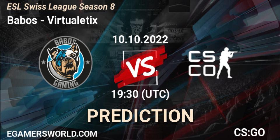 Babos vs Virtualetix: Match Prediction. 10.10.2022 at 19:30, Counter-Strike (CS2), ESL Swiss League Season 8