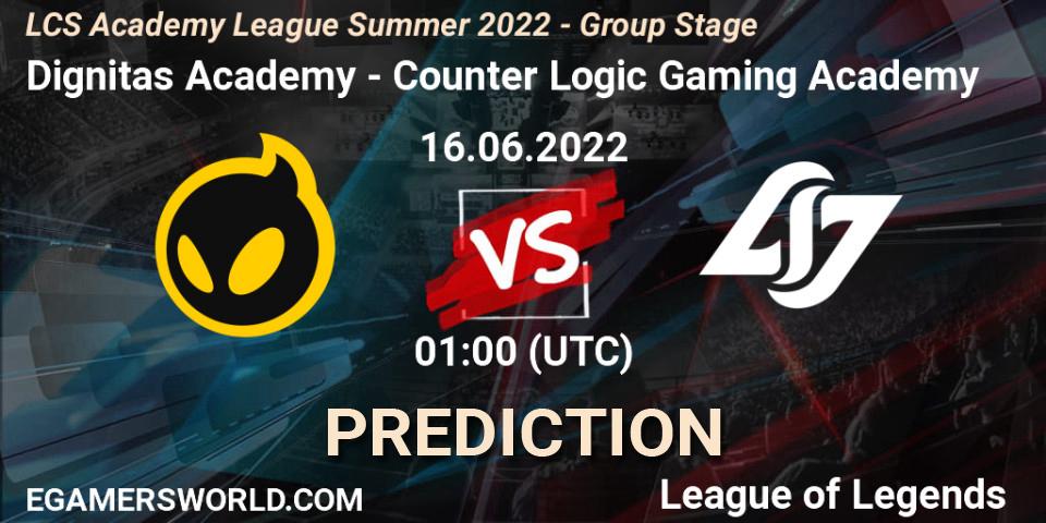 Dignitas Academy vs Counter Logic Gaming Academy: Match Prediction. 16.06.2022 at 00:00, LoL, LCS Academy League Summer 2022 - Group Stage
