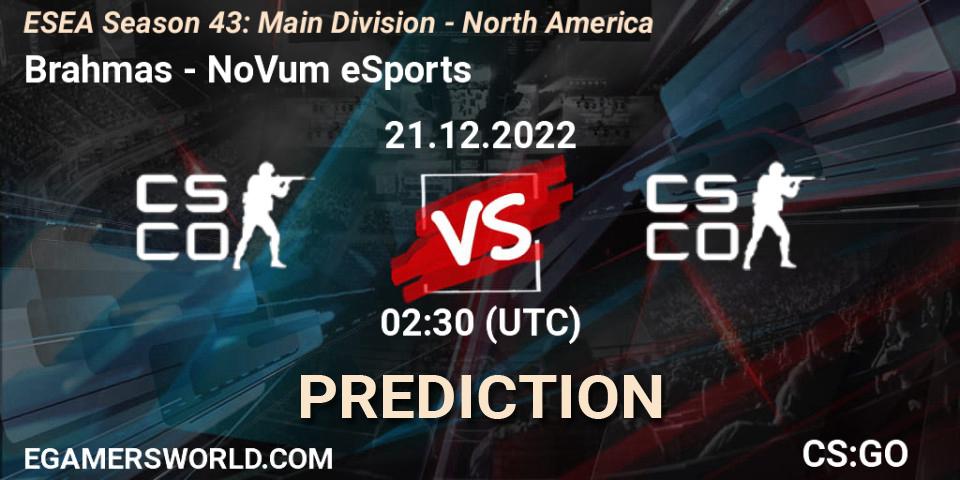 Brahmas vs NoVum eSports: Match Prediction. 21.12.2022 at 02:30, Counter-Strike (CS2), ESEA Season 43: Main Division - North America