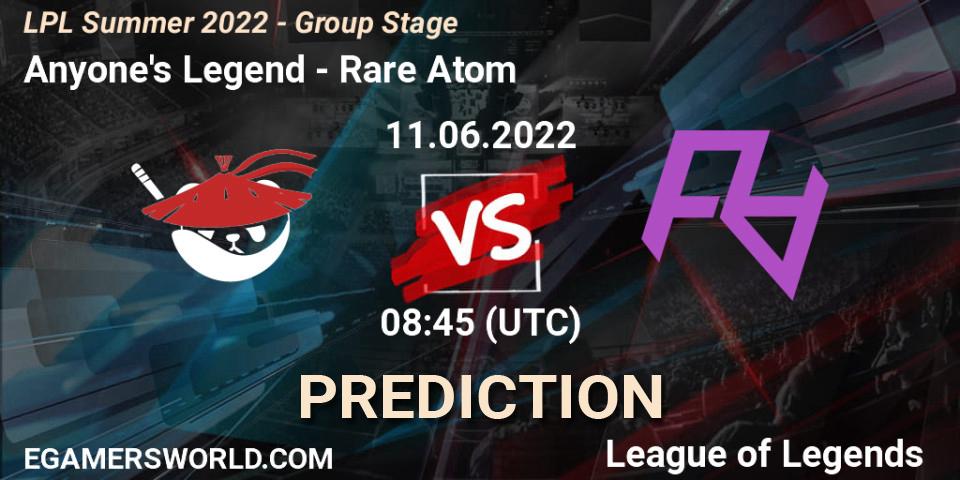 Anyone's Legend vs Rare Atom: Match Prediction. 11.06.2022 at 08:45, LoL, LPL Summer 2022 - Group Stage