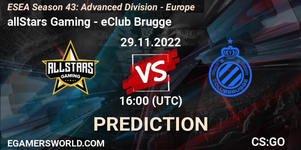 allStars Gaming vs eClub Brugge: Match Prediction. 29.11.22, CS2 (CS:GO), ESEA Season 43: Advanced Division - Europe