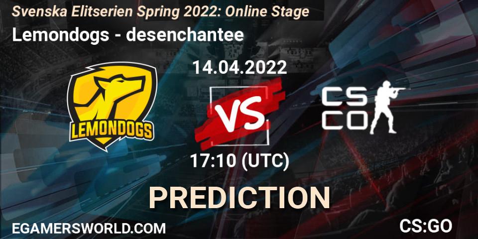 Lemondogs vs desenchantee: Match Prediction. 21.04.2022 at 17:00, Counter-Strike (CS2), Svenska Elitserien Spring 2022: Online Stage