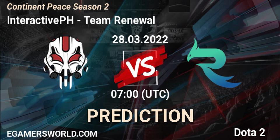 InteractivePH vs Team Renewal: Match Prediction. 28.03.2022 at 07:39, Dota 2, Continent Peace Season 2 