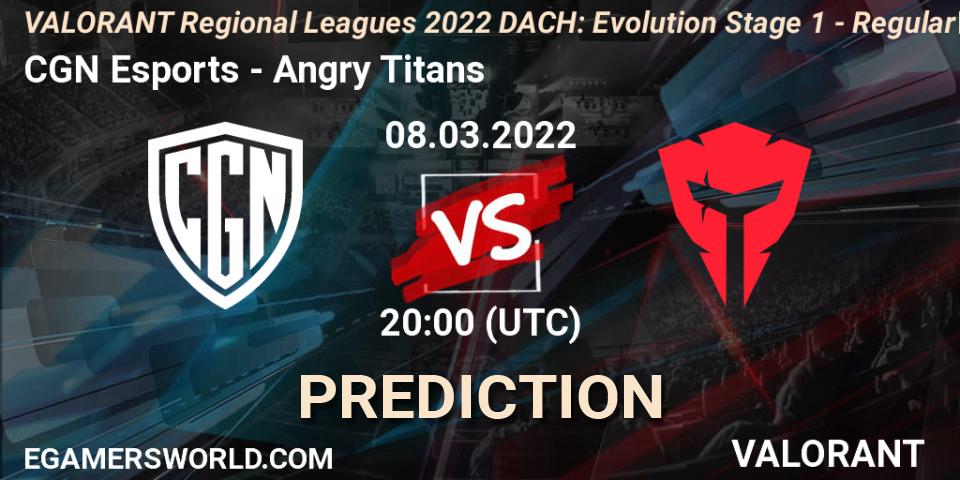 CGN Esports vs Angry Titans: Match Prediction. 08.03.2022 at 20:00, VALORANT, VALORANT Regional Leagues 2022 DACH: Evolution Stage 1 - Regular Season