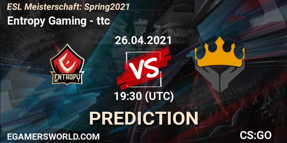 Entropy Gaming vs ttc: Match Prediction. 26.04.2021 at 19:30, Counter-Strike (CS2), ESL Meisterschaft: Spring 2021