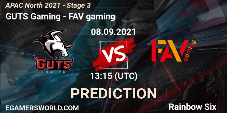 GUTS Gaming vs FAV gaming: Match Prediction. 08.09.2021 at 13:15, Rainbow Six, APAC North 2021 - Stage 3