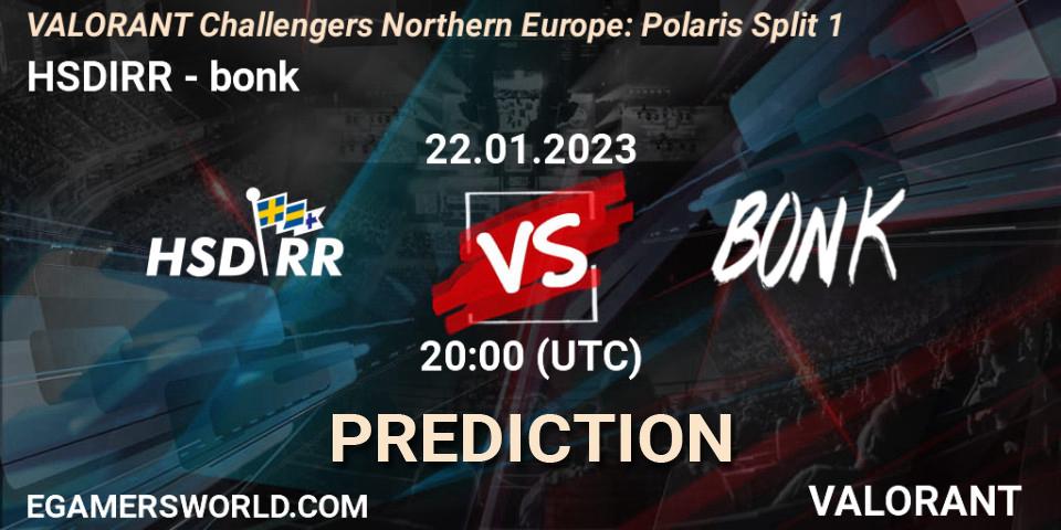 HSDIRR vs bonk: Match Prediction. 22.01.2023 at 20:00, VALORANT, VALORANT Challengers 2023 Northern Europe: Polaris Split 1