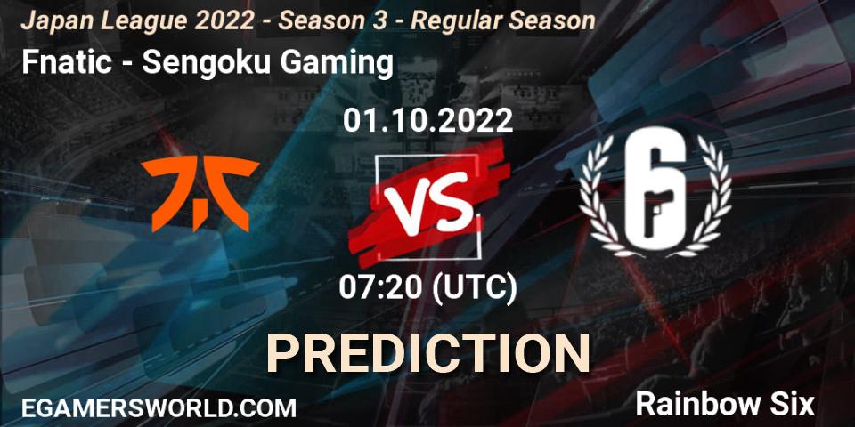 Fnatic vs Sengoku Gaming: Match Prediction. 01.10.2022 at 07:20, Rainbow Six, Japan League 2022 - Season 3 - Regular Season