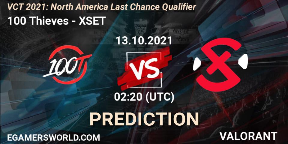 100 Thieves vs XSET: Match Prediction. 13.10.2021 at 02:30, VALORANT, VCT 2021: North America Last Chance Qualifier