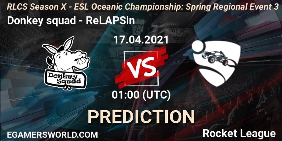 Donkey squad vs ReLAPSin: Match Prediction. 17.04.2021 at 01:00, Rocket League, RLCS Season X - ESL Oceanic Championship: Spring Regional Event 3