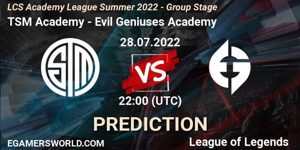 TSM Academy vs Evil Geniuses Academy: Match Prediction. 28.07.2022 at 22:00, LoL, LCS Academy League Summer 2022 - Group Stage