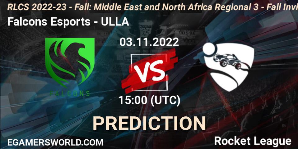 Falcons Esports vs ULLA: Match Prediction. 03.11.2022 at 15:00, Rocket League, RLCS 2022-23 - Fall: Middle East and North Africa Regional 3 - Fall Invitational