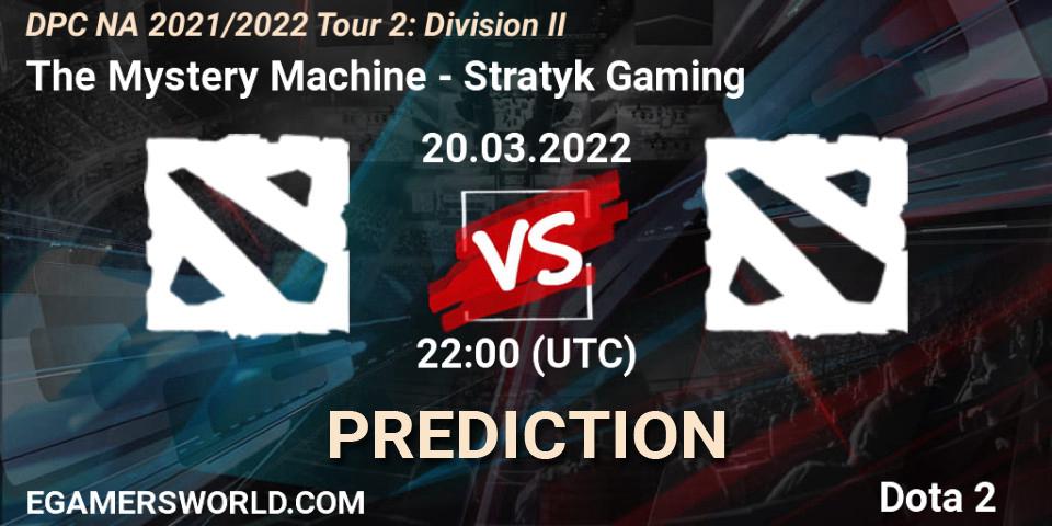 The Mystery Machine vs Stratyk Gaming: Match Prediction. 20.03.2022 at 22:55, Dota 2, DP 2021/2022 Tour 2: NA Division II (Lower) - ESL One Spring 2022