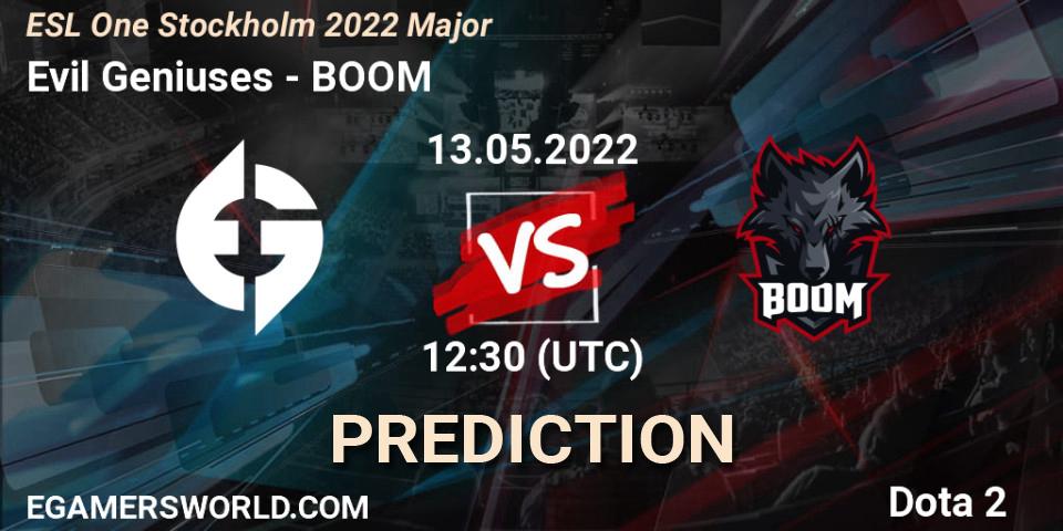 Evil Geniuses vs BOOM: Match Prediction. 13.05.2022 at 12:30, Dota 2, ESL One Stockholm 2022 Major
