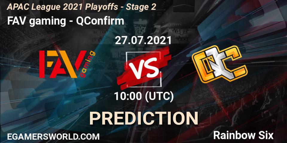 FAV gaming vs QConfirm: Match Prediction. 27.07.2021 at 09:00, Rainbow Six, APAC League 2021 Playoffs - Stage 2