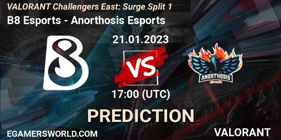 B8 Esports vs Anorthosis Esports: Match Prediction. 21.01.2023 at 17:15, VALORANT, VALORANT Challengers 2023 East: Surge Split 1