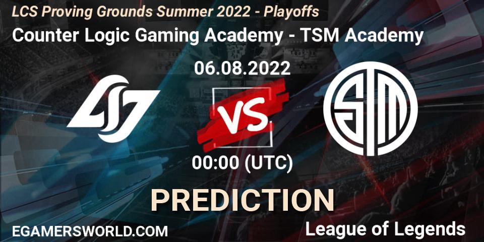 Counter Logic Gaming Academy vs TSM Academy: Match Prediction. 06.08.2022 at 00:00, LoL, LCS Proving Grounds Summer 2022 - Playoffs
