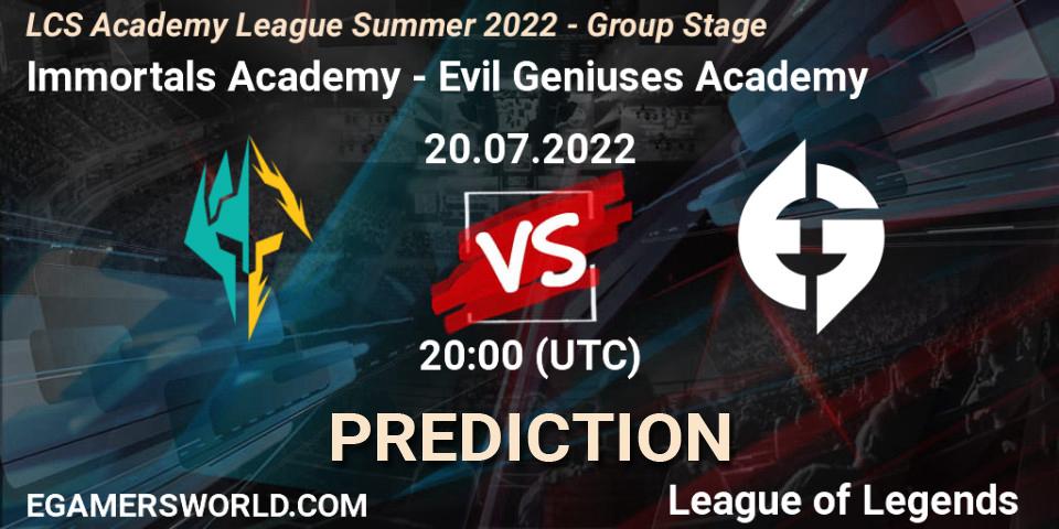 Immortals Academy vs Evil Geniuses Academy: Match Prediction. 20.07.2022 at 20:00, LoL, LCS Academy League Summer 2022 - Group Stage