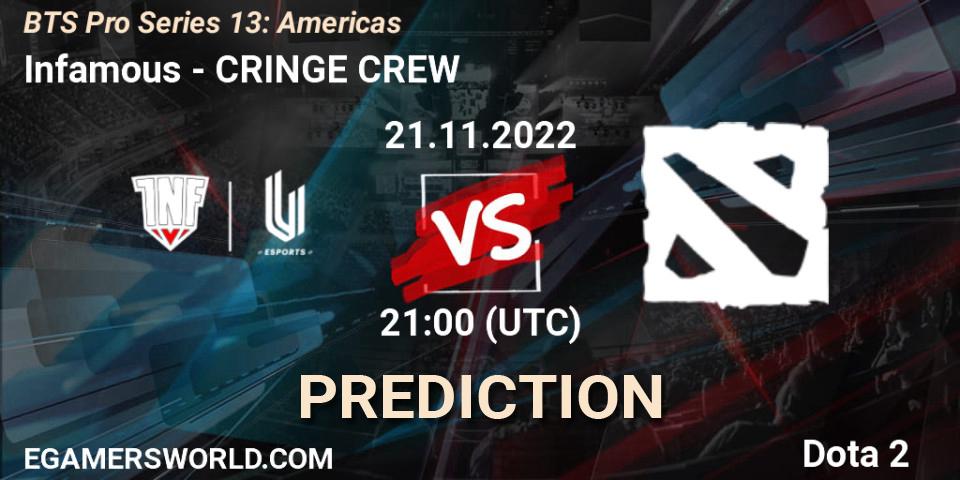 Infamous vs Cringe Crew: Match Prediction. 21.11.22, Dota 2, BTS Pro Series 13: Americas