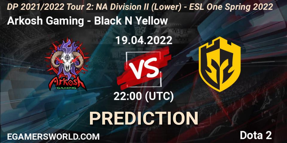 Arkosh Gaming vs Black N Yellow: Match Prediction. 19.04.2022 at 21:57, Dota 2, DP 2021/2022 Tour 2: NA Division II (Lower) - ESL One Spring 2022