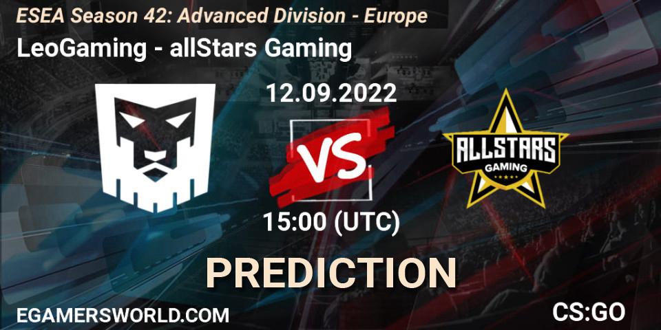 LeoGaming vs allStars Gaming: Match Prediction. 12.09.2022 at 15:00, Counter-Strike (CS2), ESEA Season 42: Advanced Division - Europe