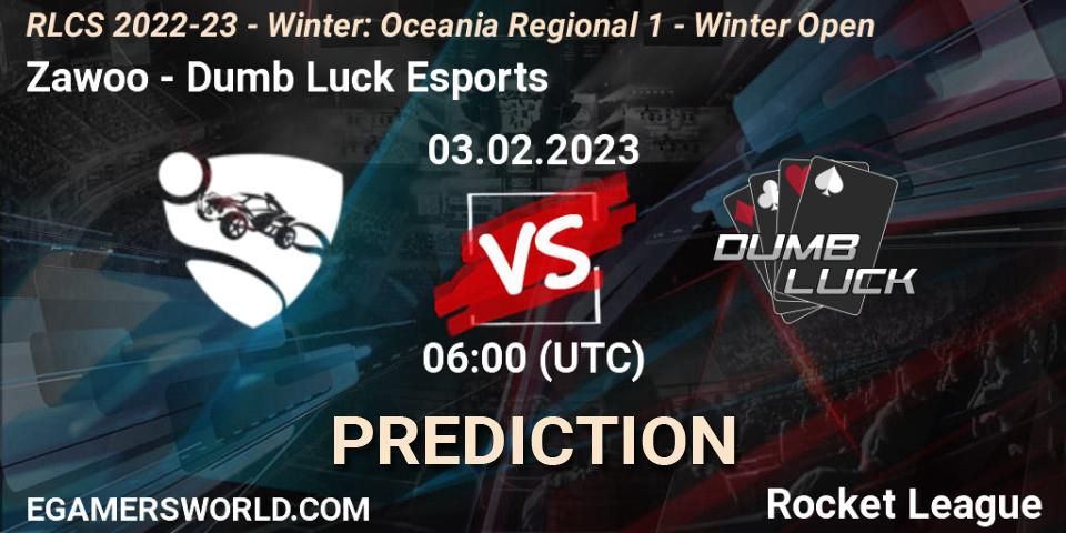 Zawoo vs Dumb Luck Esports: Match Prediction. 03.02.2023 at 06:00, Rocket League, RLCS 2022-23 - Winter: Oceania Regional 1 - Winter Open